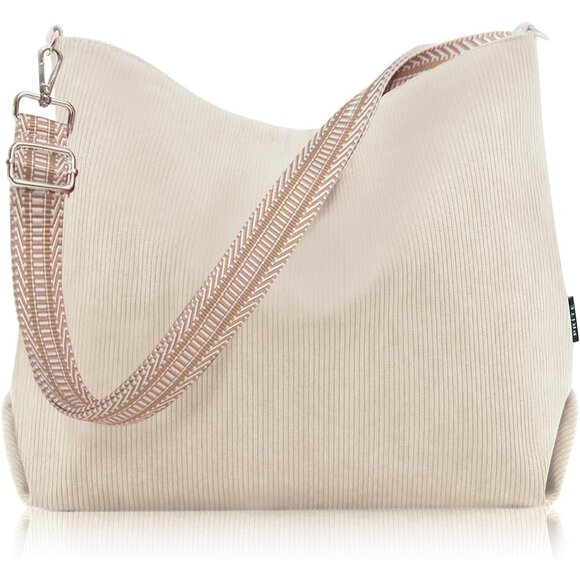 Handbags - Women’s Cream Corduroy Stylish Zipper with Adjustment Strap Tote Bag